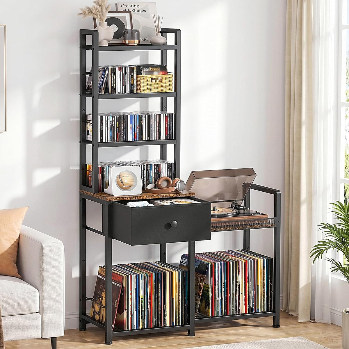 ikkle CD Rack with Drawer, 7-Tier DVD Organizer Shelf with Vinyl Storage