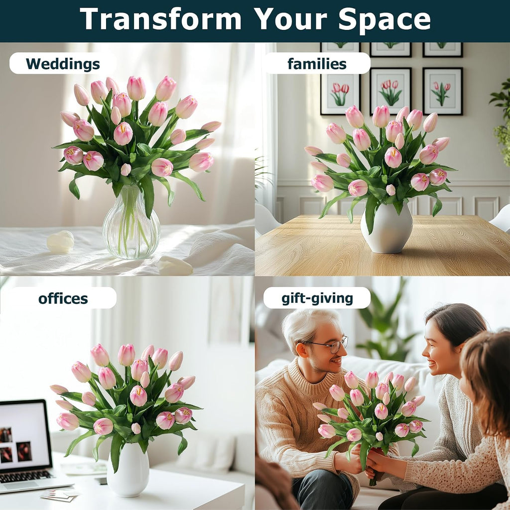 Bailikang 20PCS Fake Tulips Artificial Tulip Silk Flowers Fake PU Bouquet Artificial Flowers Faux Flowers with Gift Box Soft Faux Tulips Bouquets Arrangements for Party Wedding Home