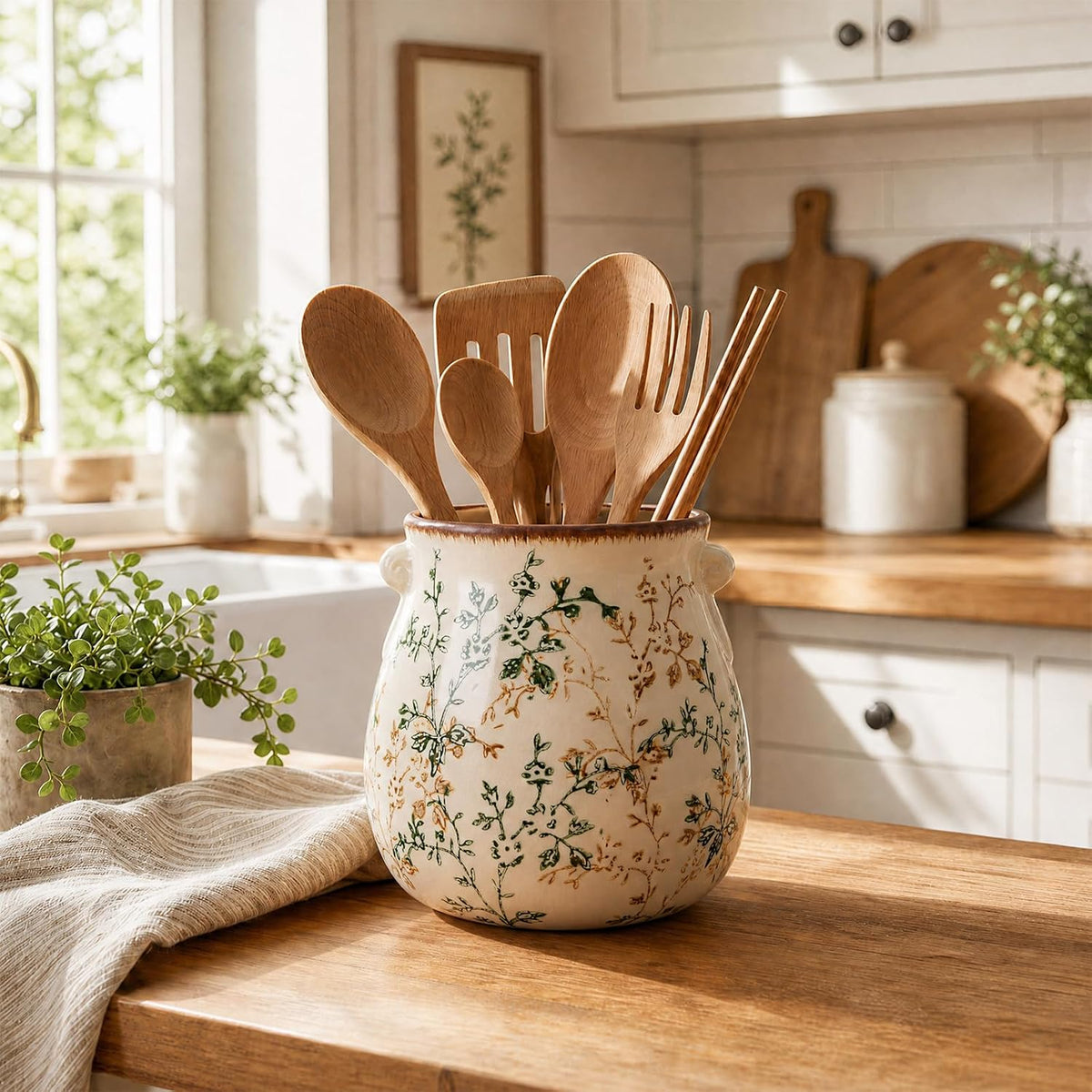 Utensil Holder for Kitchen Counter Ceramic Cooking Utensil Crock Organizer for Countertop Heavy Large Holder for Spatulas Spoons Kitchen Counter Decor Vintage Floral Vine