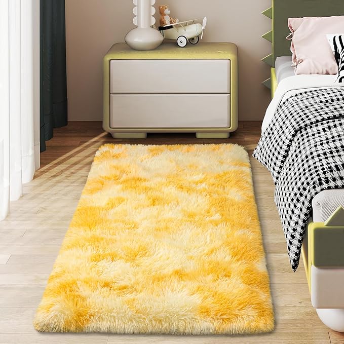 Soft Runner Rugs for Bedroom Hallways, 2x4 Tie-Dyed Yellow Fluffy Shag Throw - Image 6