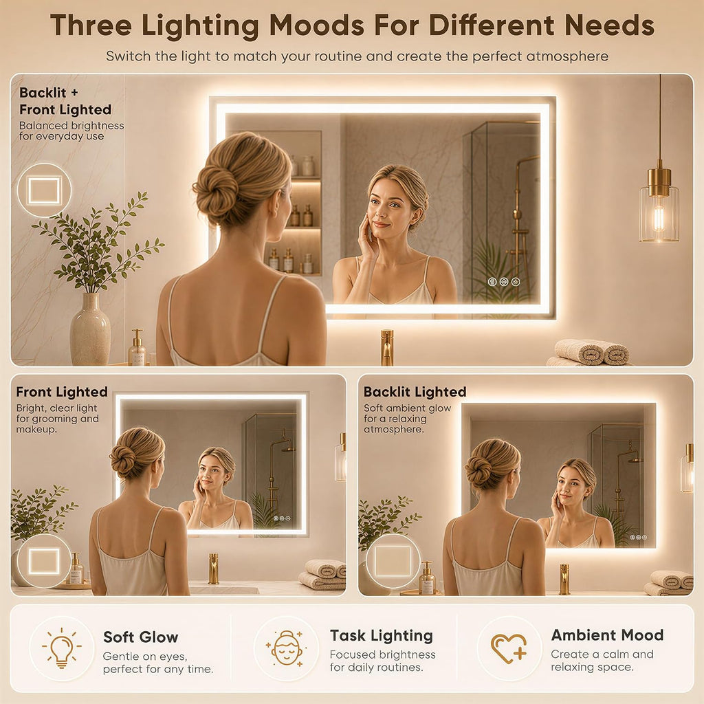 Antok 30x36 LED Bathroom Mirror with Lights, Backlit + Frontlit