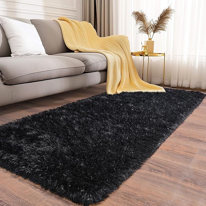 Soft Runner Rugs for Bedroom Hallways, 2x5 Black Fluffy Shag Throw Area Rug Non - Image 5