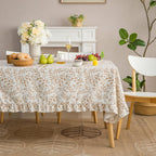 GLORY SEASON Rustic Tablecloth Plant Leaf Printed with Ruffle Flounces Trim Linen Blended Rectangle/Oblong Table Cloth for Kitchen Dining Parties Farmhouse Decor Cocoa Brown,60x84 Inch