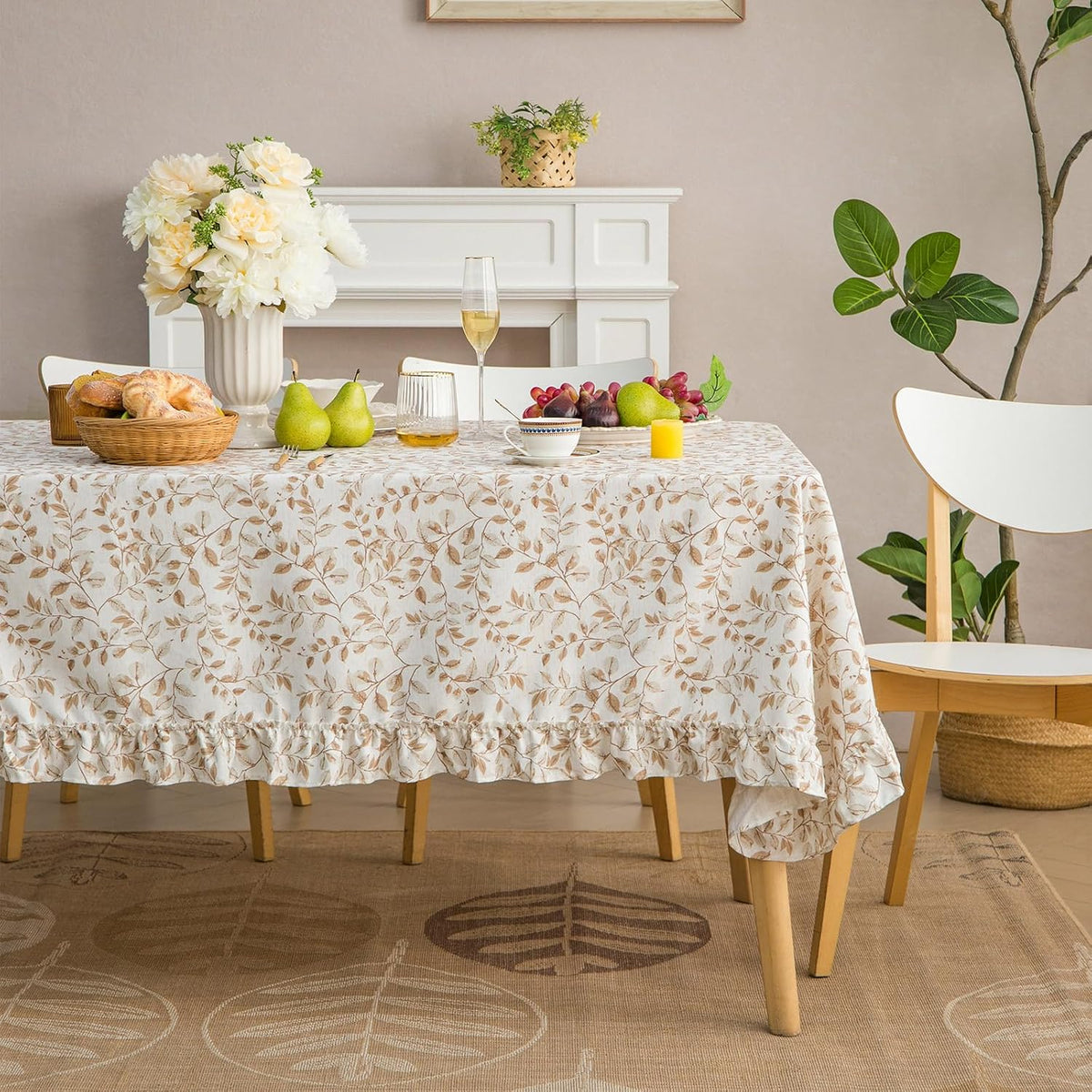 GLORY SEASON Rustic Tablecloth Plant Leaf Printed with Ruffle Flounces Trim Linen Blended Rectangle/Oblong Table Cloth for Kitchen Dining Parties Farmhouse Decor Cocoa Brown,60x84 Inch