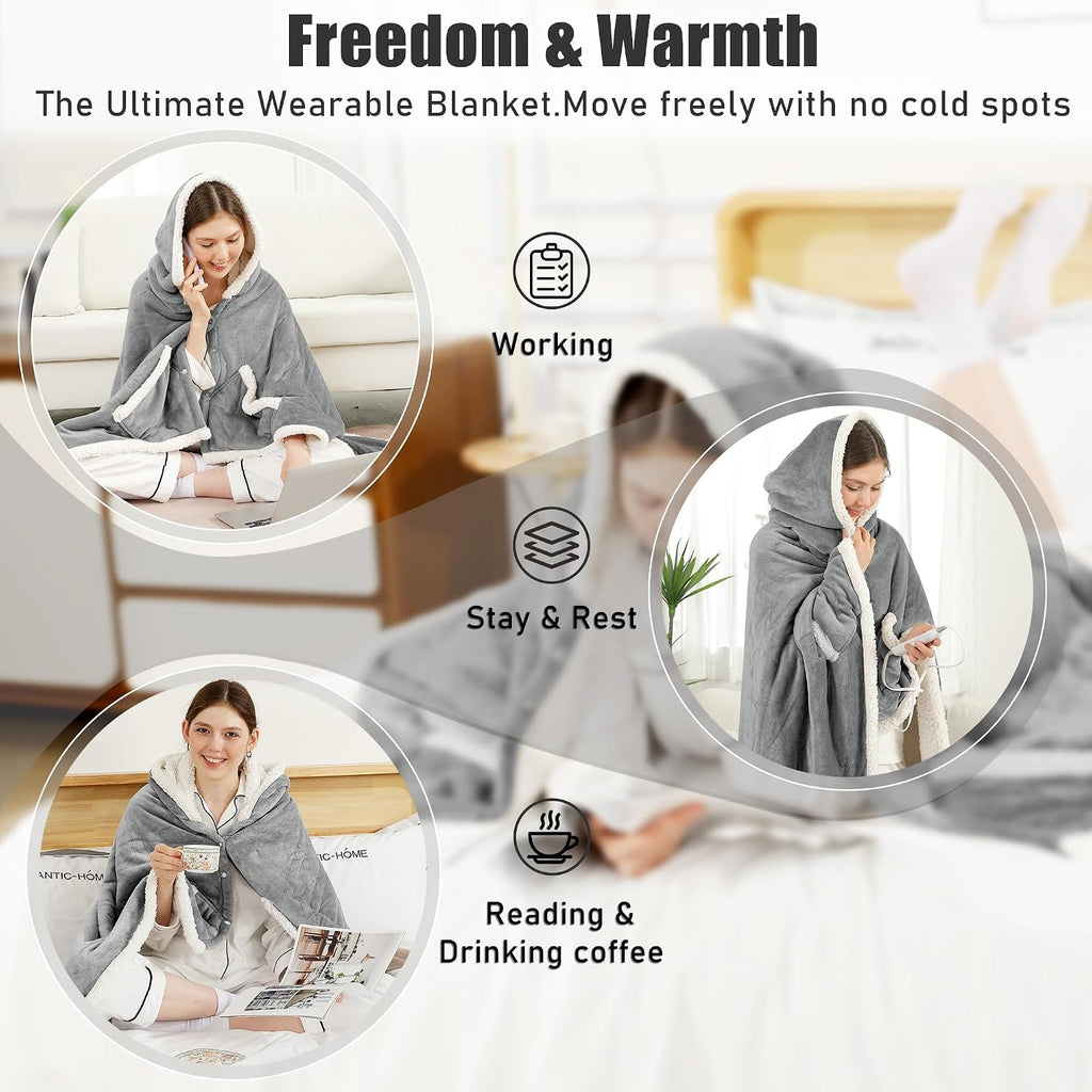 COZYTY Wearable Heated Blanket Shawl - Electric Wrap Poncho Heated Throw Blanket with Hand Pockets, 50 * 64", 6 Heating Levels & 1-4H Timer, Ideal for Family, Light Grey