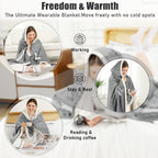 COZYTY Wearable Heated Blanket Shawl - Electric Wrap Poncho Heated Throw Blanket with Hand Pockets, 50 * 64", 6 Heating Levels & 1-4H Timer, Ideal for Family, Light Grey