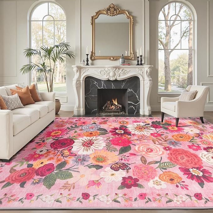 Pink Area Rugs 10x14 Living Room, Non Slip Machine Washable Floral Rugs - Image 3