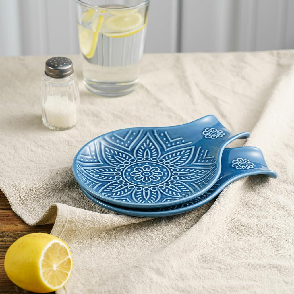 Ceramic Spoon Rest, 7.48 Inches Spoon Holder for Kitchen Counter, Kitchen Accessories, Dishwasher Safe, Dark Blue