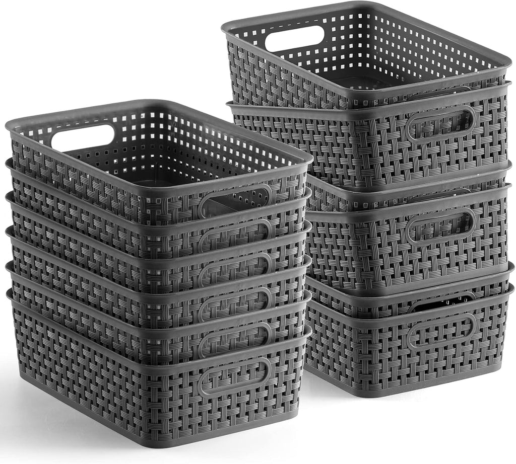 NETANY Plastic Storage Baskets - 8 Pack, Gray, Durable, Easy to Use, Flexible, Multi-Purpose, Ideal for Closets, Cabinets, Shelves, Countertops