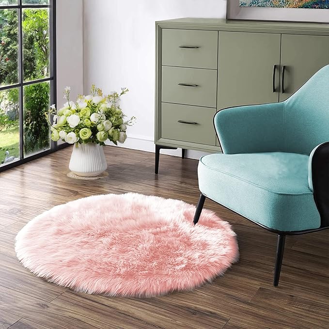 Latepis Round Pink Faux Sheepskin Fur Rug Circle Rugs 4ft Soft Fluffy Rugs by Latepis