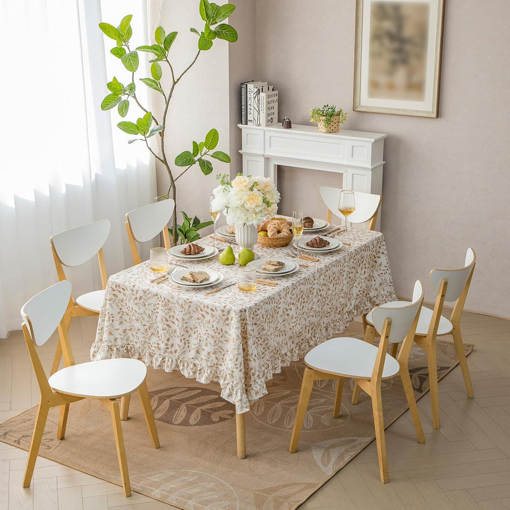GLORY SEASON Rustic Tablecloth Plant Leaf Printed with Ruffle Flounces Trim Linen Blended Rectangle/Oblong Table Cloth for Kitchen Dining Parties Farmhouse Decor Cocoa Brown,60x84 Inch