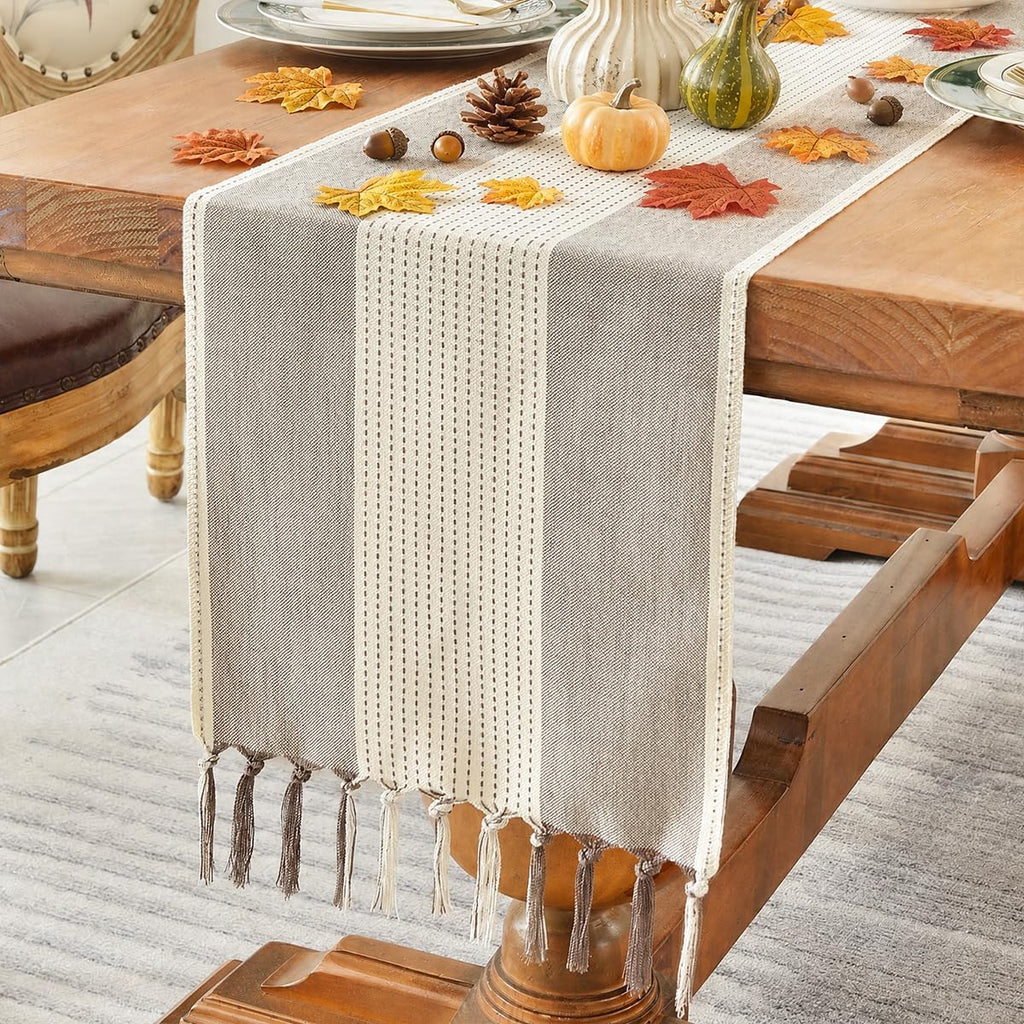 Wracra Linen Table Runner, Stripe Table Runners 72 Inches Long Coffee