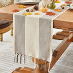 Wracra Linen Table Runner, Stripe Table Runners 72 Inches Long Coffee