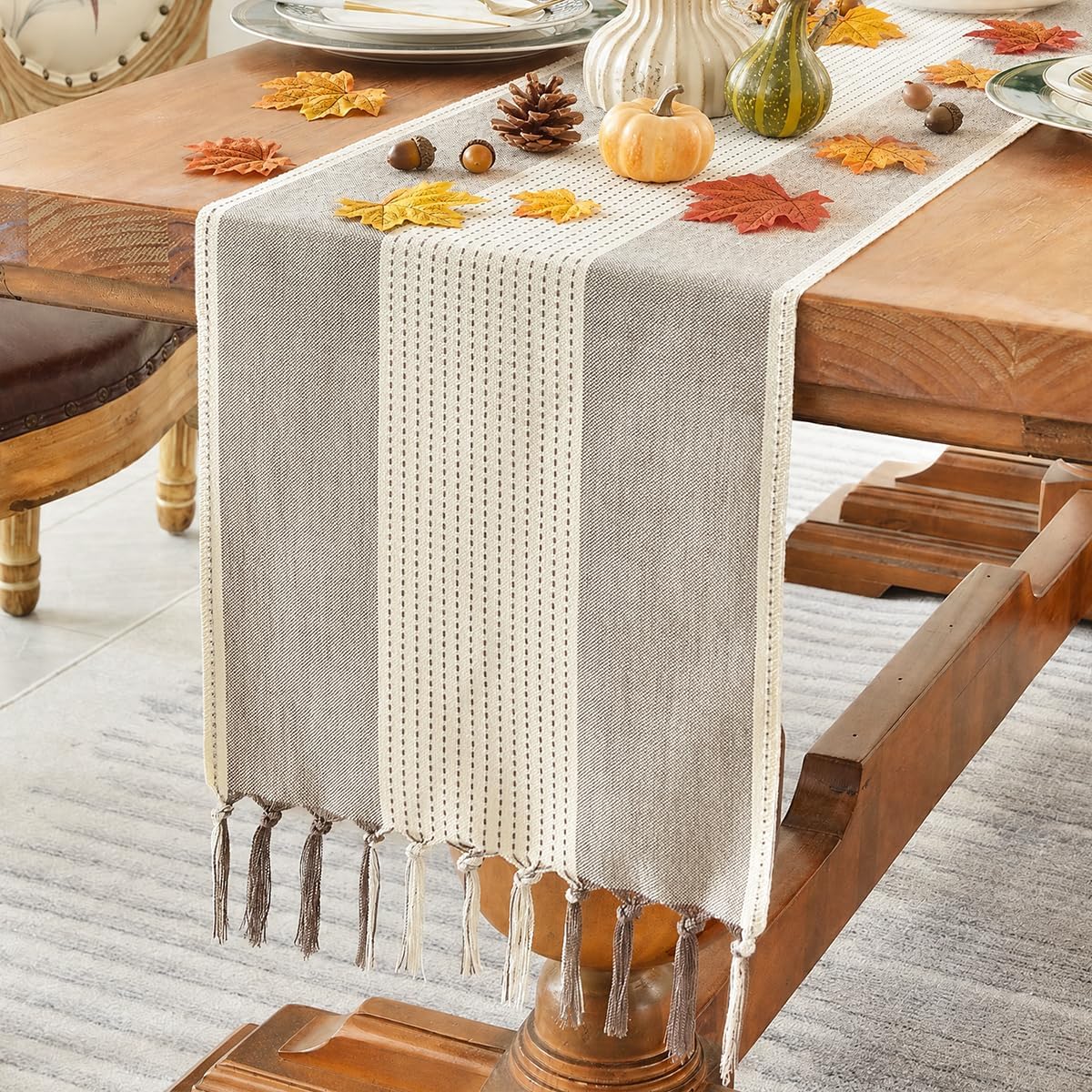 Wracra Linen Table Runner, Stripe Table Runners 72 Inches Long Coffee