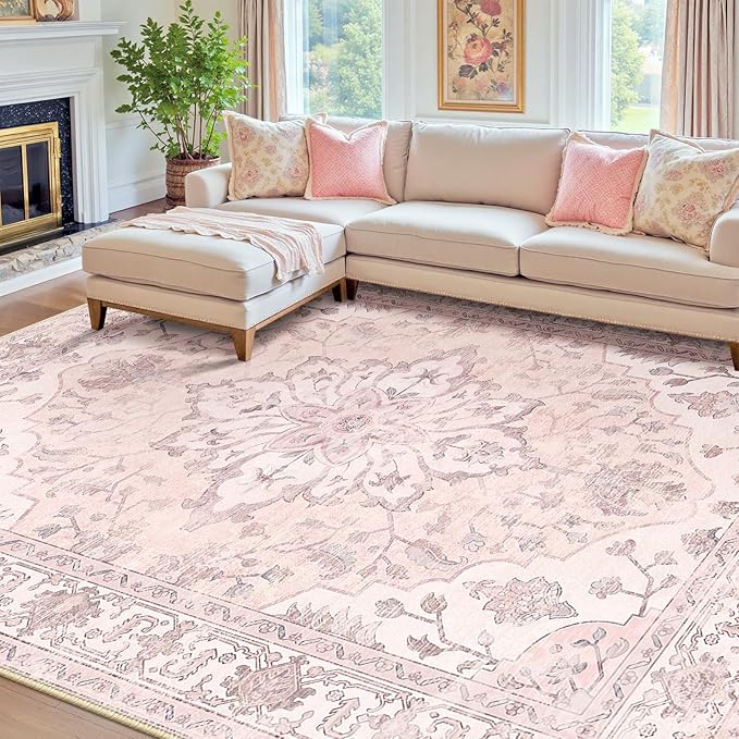 RELEANY Area Rugs 7'x9' Washable Non-Slip, Floral Vintage Distress Print by RELEANY