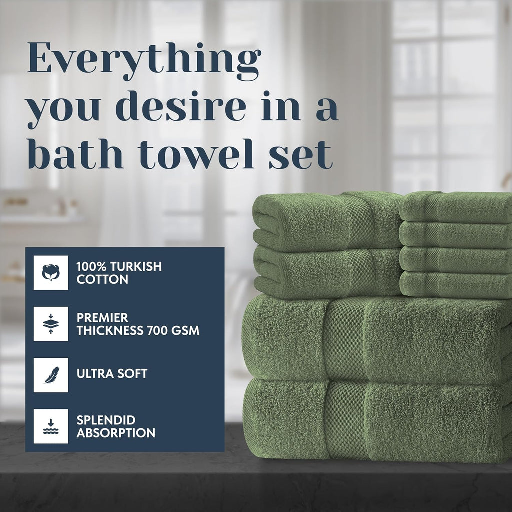 White Classic Luxury Forest Green Bath Towel Set of 8-100% Turkish Cotton