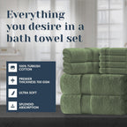 White Classic Luxury Forest Green Bath Towel Set of 8-100% Turkish Cotton