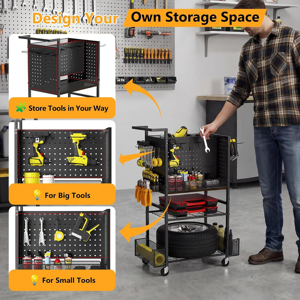 Tool Organizer Cart, 4-Tier with DIY Pegboards & Hooks & Storage Baskets
