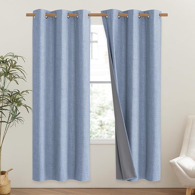 NICETOWN Stone Blue Vintage Linen 100% Blackout Curtains - Image 2