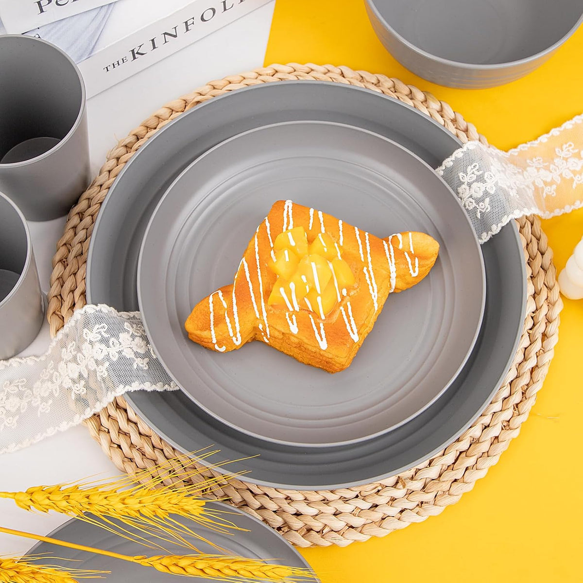 LIYH Grey 48 Pcs Unbreakable Wheat Straw Dinnerware Sets RV Camper BPA