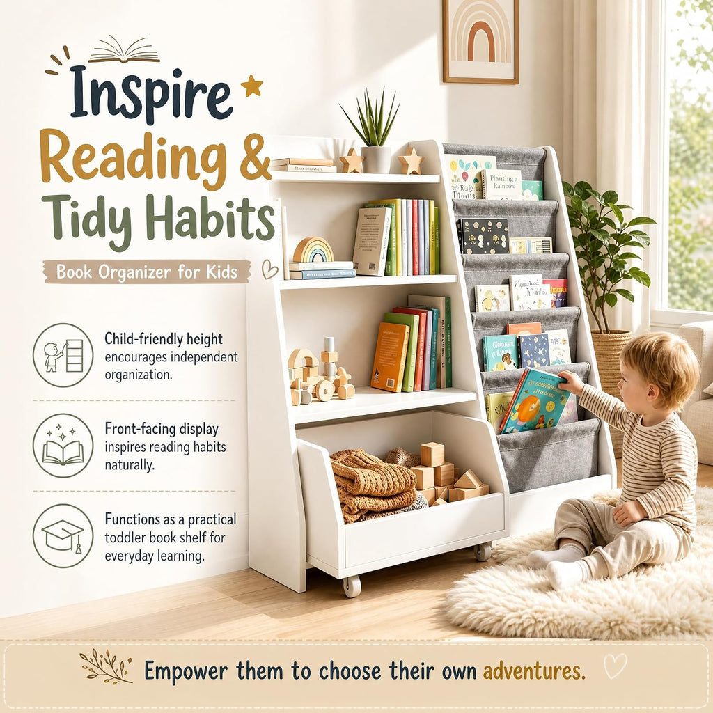 Kids Bookshelf and Toy Storage - Wooden Toddler Book Shelf with Drawer