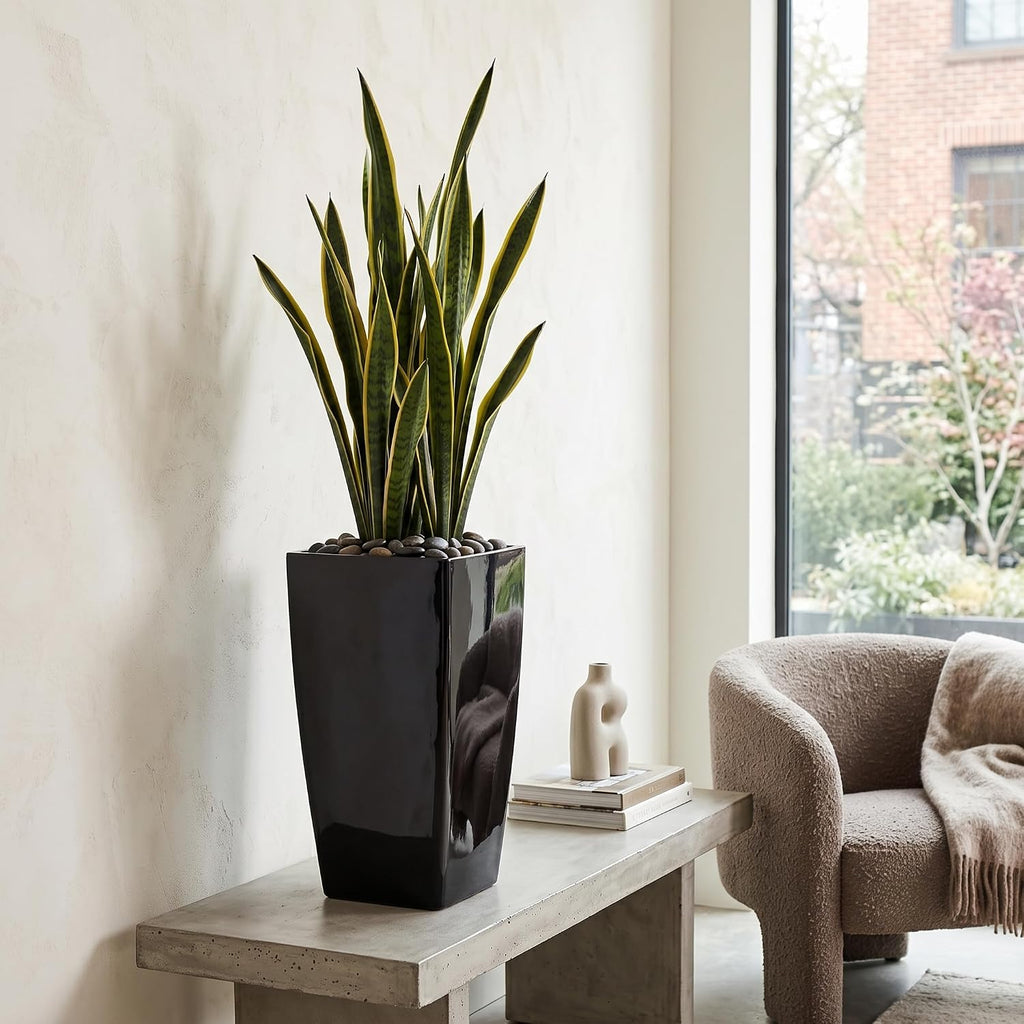 21" Tall Square Planters 2 Pack, Resin Pots Indoor Outdoor, Black