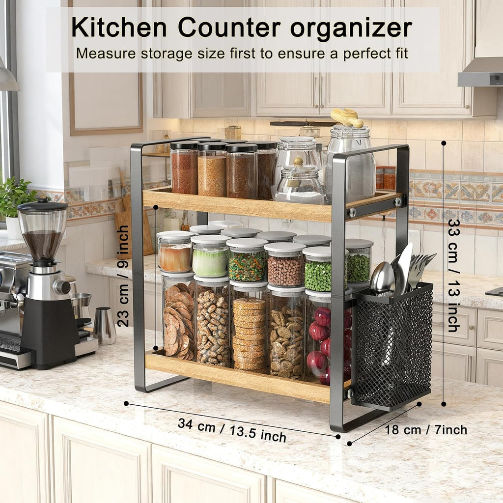 2-Tier Coffee Bar Organizer With Basket,Wooden Counter Shelf for Coffee Bar Accessories,Kitchen Spice Rack Organizer for Countertop-Brown