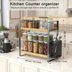 2-Tier Coffee Bar Organizer With Basket,Wooden Counter Shelf for Coffee Bar Accessories,Kitchen Spice Rack Organizer for Countertop-Brown