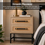Sophia 2-Drawer Nightstand in Natural Oak Look with Rattan Panels and Minimalist Black Metal Frame- Perfect Bedroom Storage for Small Spaces, Large Suites, or Living Rooms