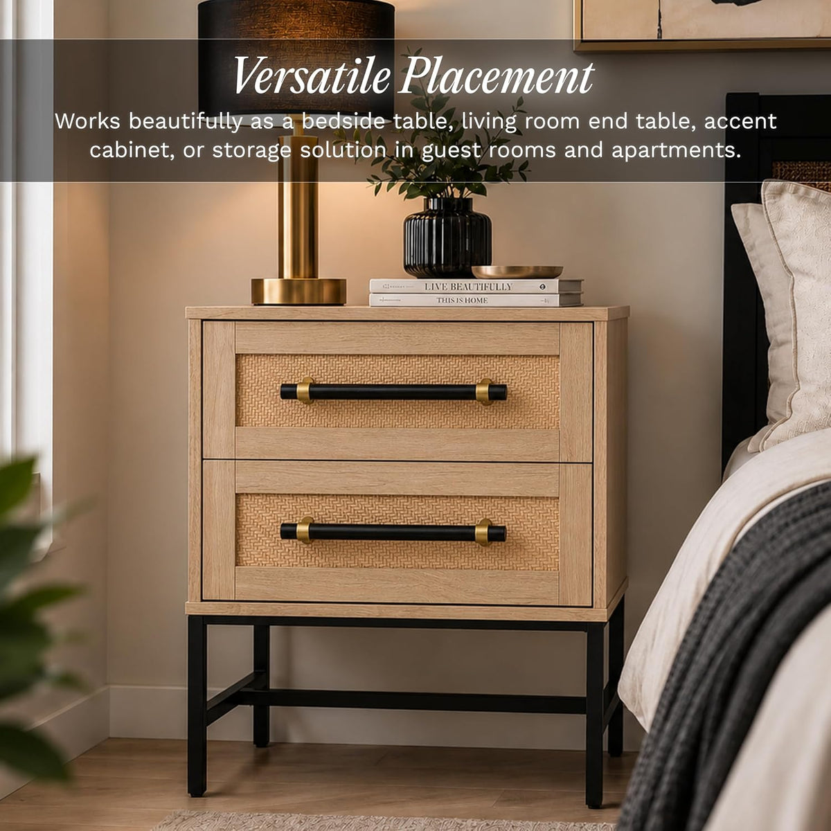 Sophia 2-Drawer Nightstand in Natural Oak Look with Rattan Panels and Minimalist Black Metal Frame- Perfect Bedroom Storage for Small Spaces, Large Suites, or Living Rooms