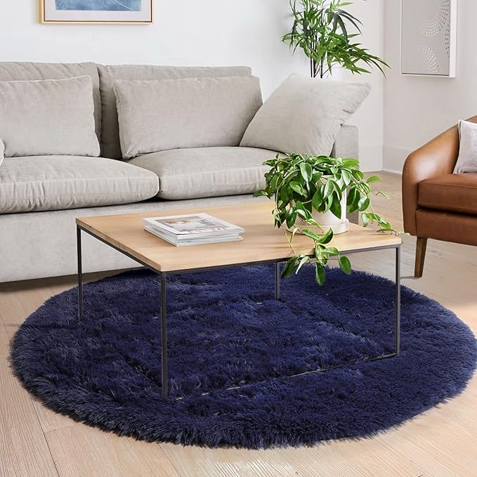 Dark Navy Round Rugs 5Ft for Teen Boys Bedroom, Circular Fluffy Shag Fuzzy - Image 3