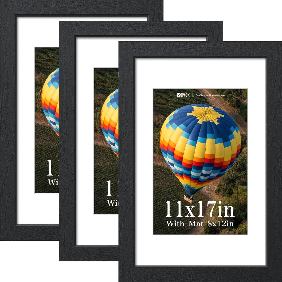 VCK 8x10 Picture Frame 3 Pack, Black Solid Wood, Real Glass, for Photo