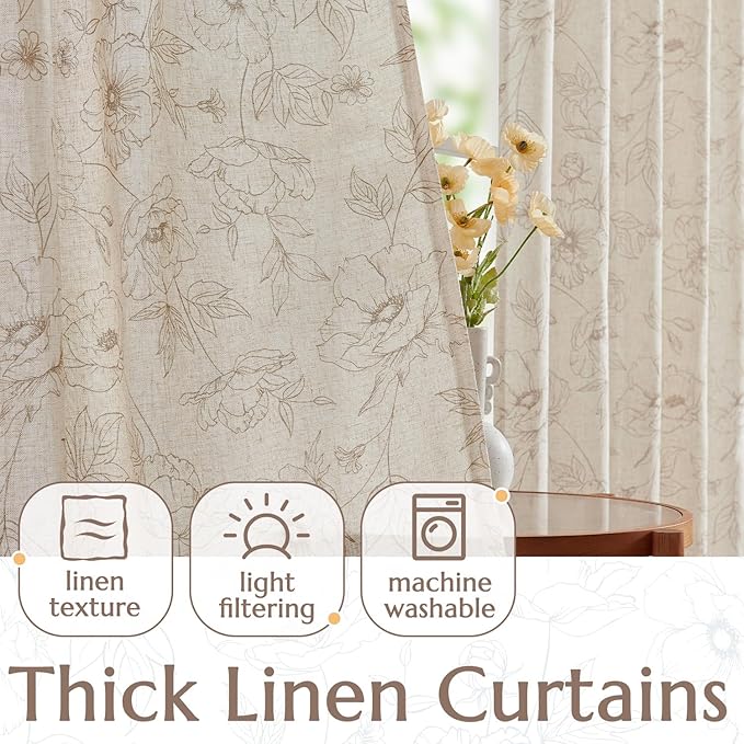 jinchan Linen Floral Curtains for Living Room 84 Inch Length Taupe Flower - Image 3