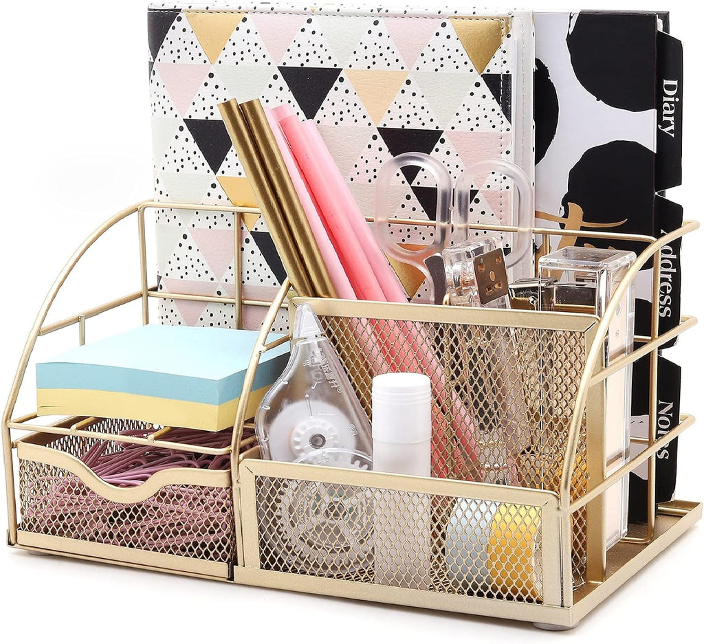 Exerz Desk Organizer 7 Compartments Metal Mesh Pen Holder Caddy White