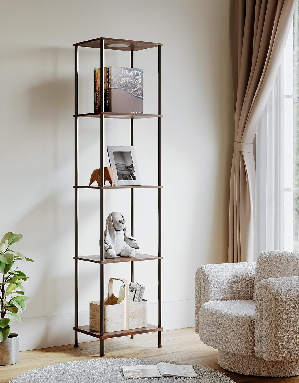 Display Shelf with RGBW Light, Color Changing Curio Cabinet Floor Lamp with Shelves Corner Standing Column Lamp Etagere Organizer Tower Nightstand Bookcase for Living Room Bedroom Office Décor, Brown