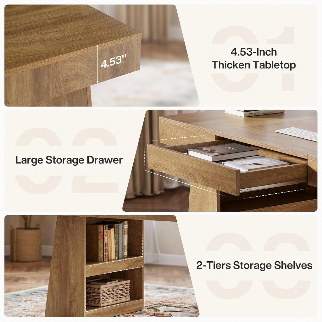 Tribesigns 55-Inch Executive Desk with Drawer, Large Office Computer Desk with Double Pedestal and Storage Shelves, Farmhouse Wooden Writing Table Workstation Business Furniture for Home Office, Brown
