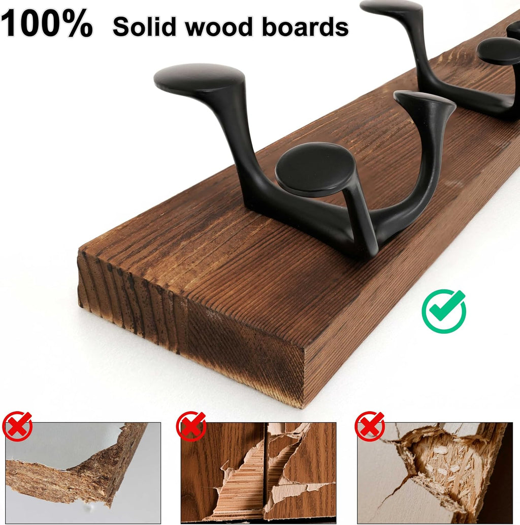 WEBI Coat Rack Wall Mount,17" Solid Wood Coat Hooks Wall Mounted Coat Hanger,16" Hole to Hole,Heavy Duty Hook Rack,3 Triple Hooks for Hanging Coats,Jacket,Hat,Backpack,Farmhouse,Brown