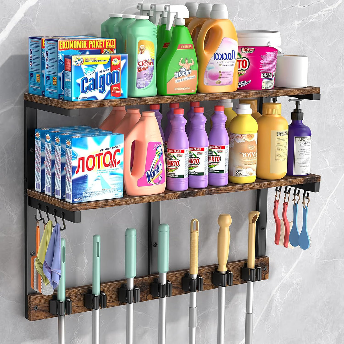 Housolution Wall Mount Broom Holder Hanger Laundry Room Storage Shelves