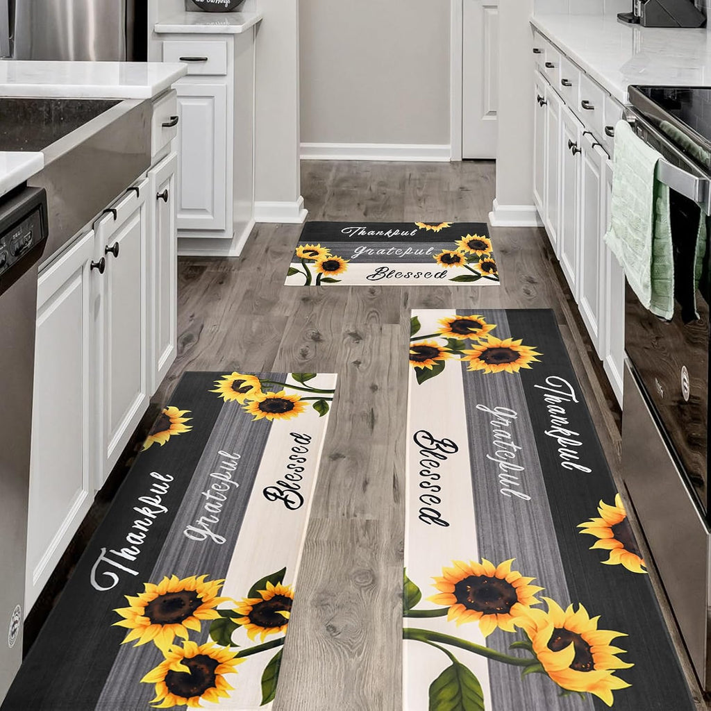Sunflower Kitchen Mat Set of 3, Kitchen Decor and Accessories(Black White)