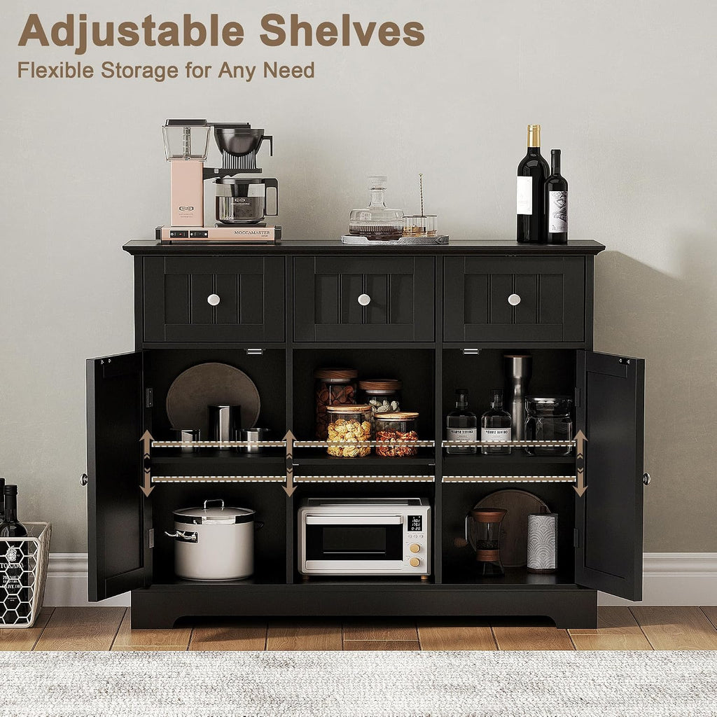 ChooChoo 35.4" Coffee Bar Cabinet with 3 Drawers and 2 Doors, Black