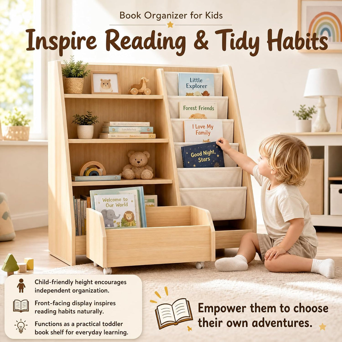 Kids Bookshelf and Toy Storage - Wooden Toddler Book Shelf with Drawer