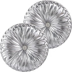 HIG Set of 2 Handcrafted Silver Ruched Round Throw Pillows – 14.5’’ Metallic - Image 2