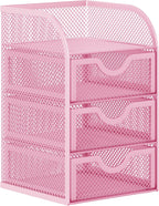 EasyPAG Mesh Desk Organizer with 3 Drawer Office Desktop Organizers and Accessories Stationery Caddy for Office, Home, Students, Pink