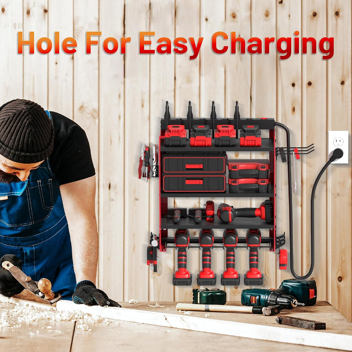 Power Tool Organizer Wall Mount with Charging Station, Garage 4 Drill Storage Shelf with Cordless Tool Holder, Heavy Duty Rack with 8 Outlet Power Strips and Hooks, Gift for Men, Husband (4 Layer)