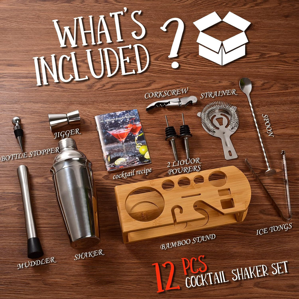 Cocktail Shaker Set Bartender Kit, 12-Pcs Bar Tool with Bamboo Stand