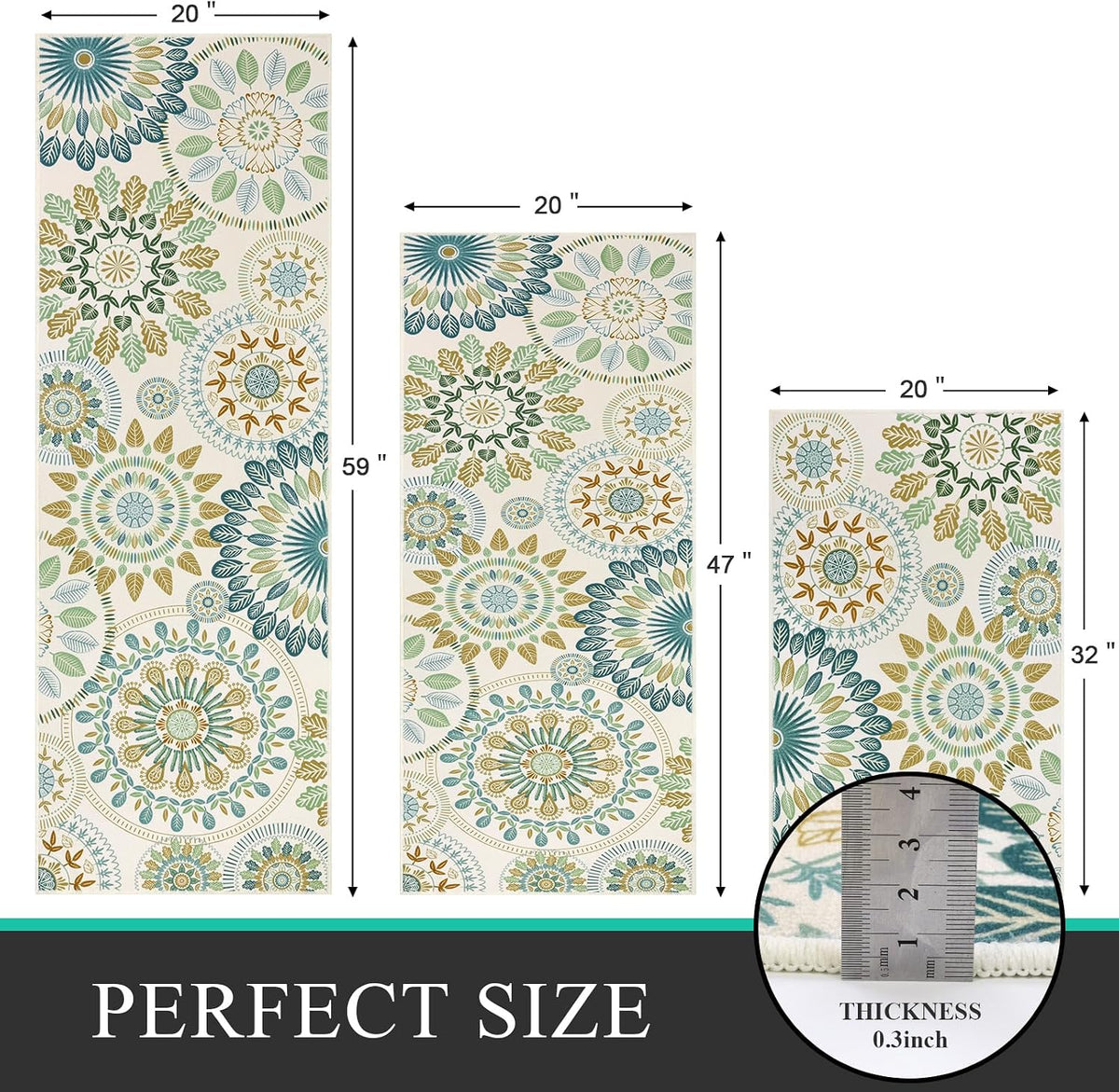 Bsmathom Farmhouse Kitchen Rugs Sets of 3, Boho Non-Slip Kitchen Mats for Floor, Kitchen Runner Rugs Non Skid Washable for Kitchen Entryway Hallway Laundry Room