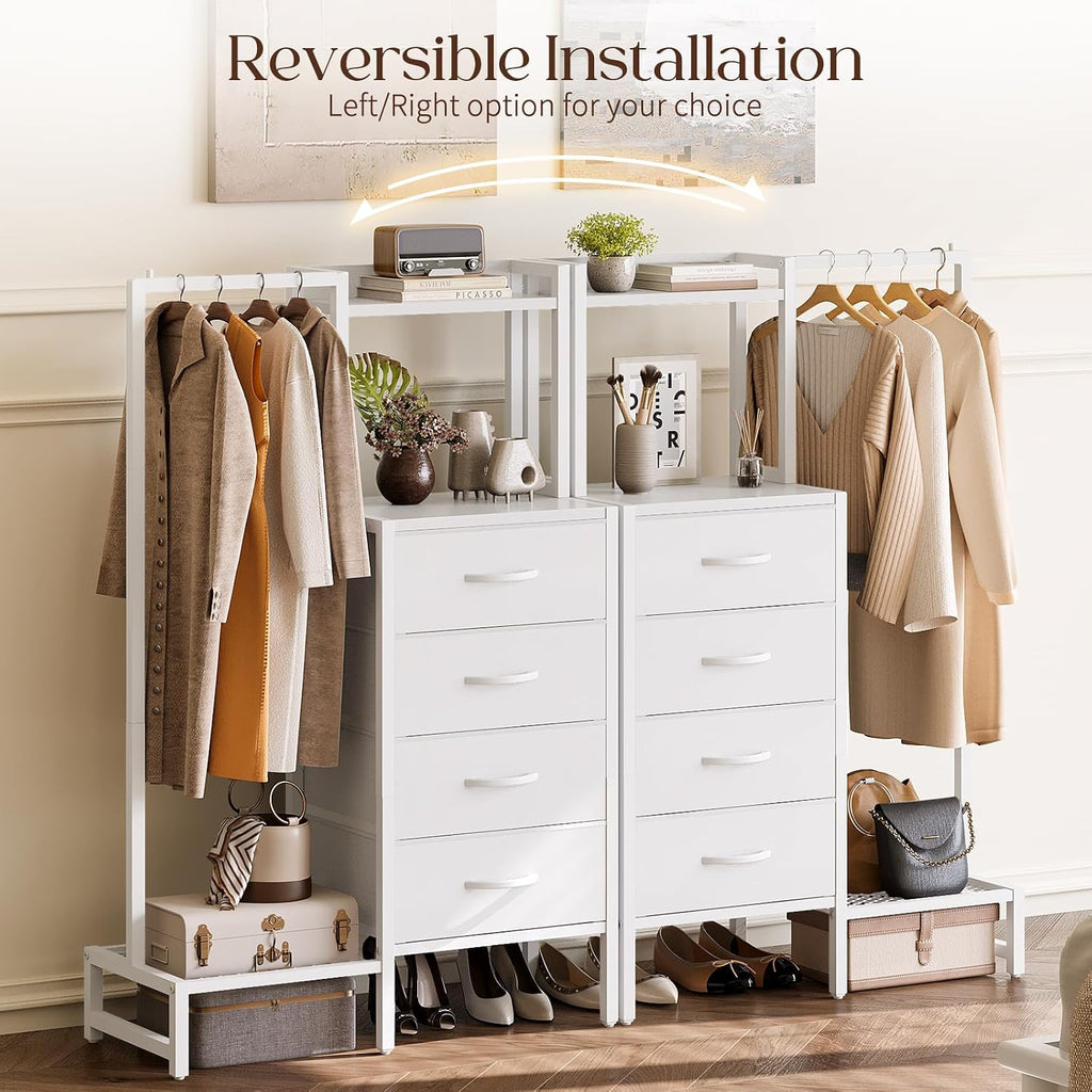 Yoobure White Dresser with Hanging Rack - Small Dresser for Bedroom with 4 Drawers, 44'H Chest of Drawers, Reversible Kids Dressers with Storage Shelf, Closet Dressers, Dorm Essentials, Sturdy Frame