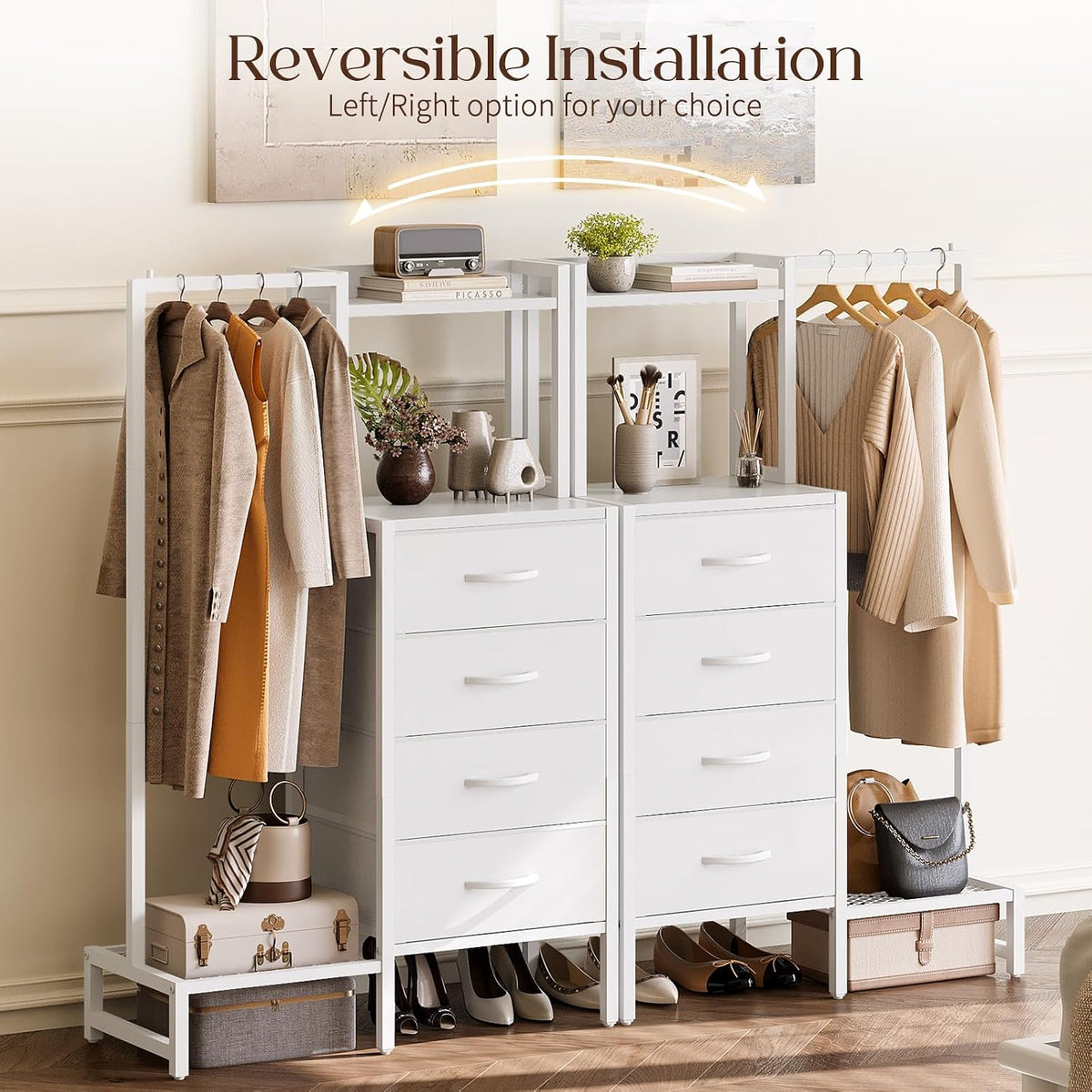 Yoobure White Dresser with Hanging Rack - Small Dresser for Bedroom with 4 Drawers, 44'H Chest of Drawers, Reversible Kids Dressers with Storage Shelf, Closet Dressers, Dorm Essentials, Sturdy Frame