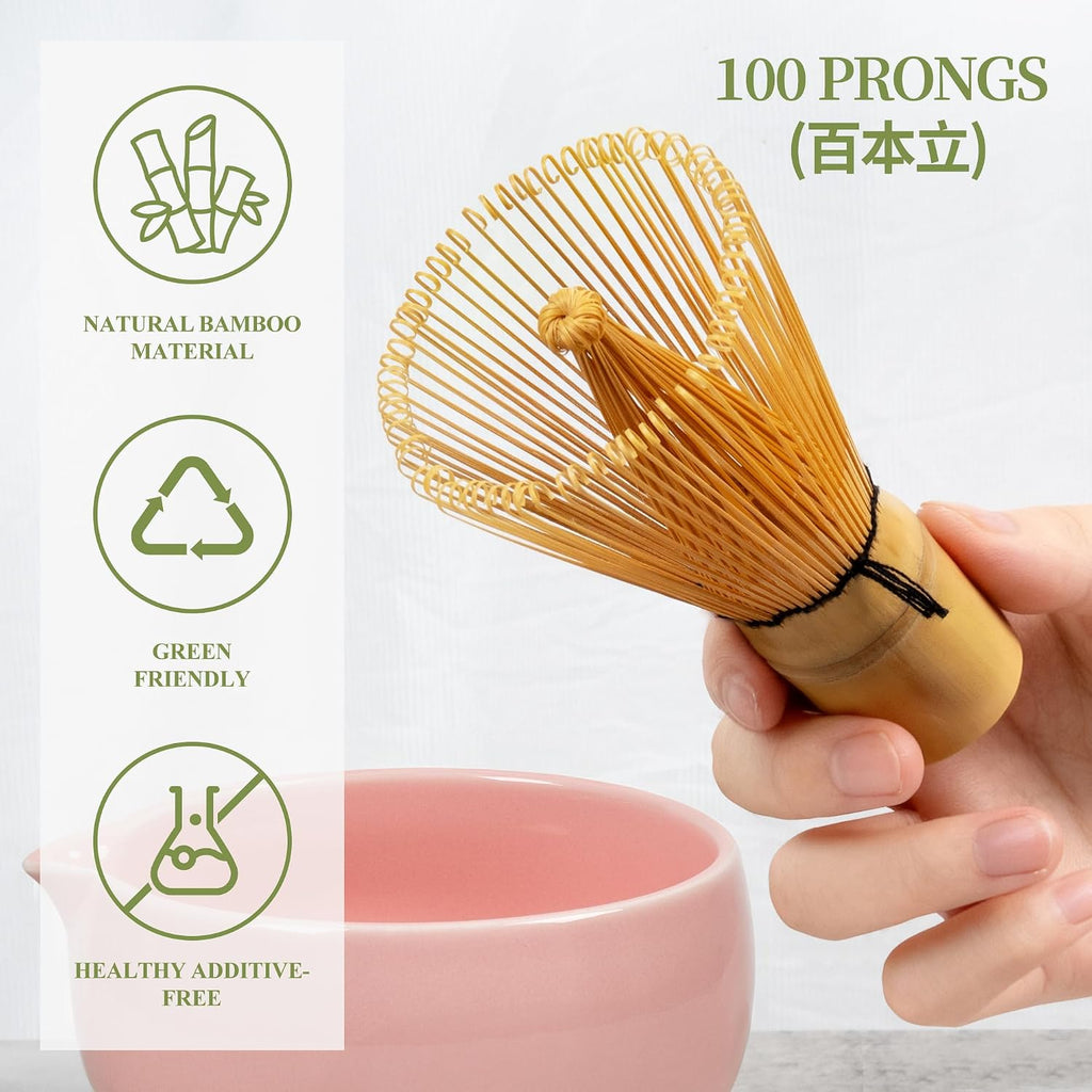 YIBO Matcha Whisk Set Pink, Handcrafted Bamboo Chasen & Ceramic Bowl Matcha Kit, Holder, Stainless Steel Sifter, Scoop Measuring Spoon & Cup Tools for Matcha Tea Ceremony