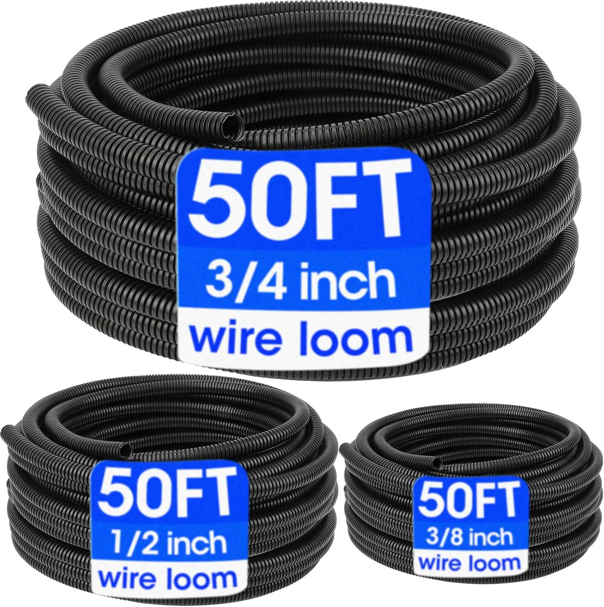 Wire Loom 1/4", 1/2", 3/8 Inch x 50 FT, Split Wire Loom Tubing Wire Conduit, Cable Sleeves Bulk Flexible Electrical Conduit Protective kit